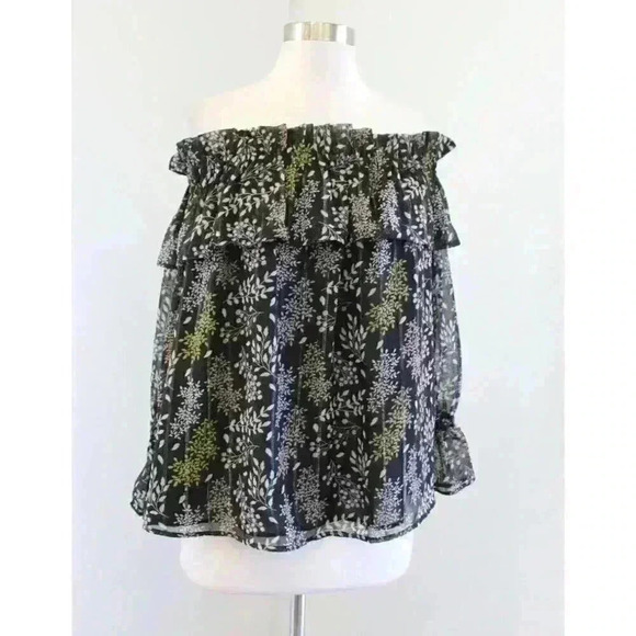 NWT Ann Taylor Loft Black Metallic Floral Ruffle Off the Shoulder Top Blouse S - Picture 1 of 9